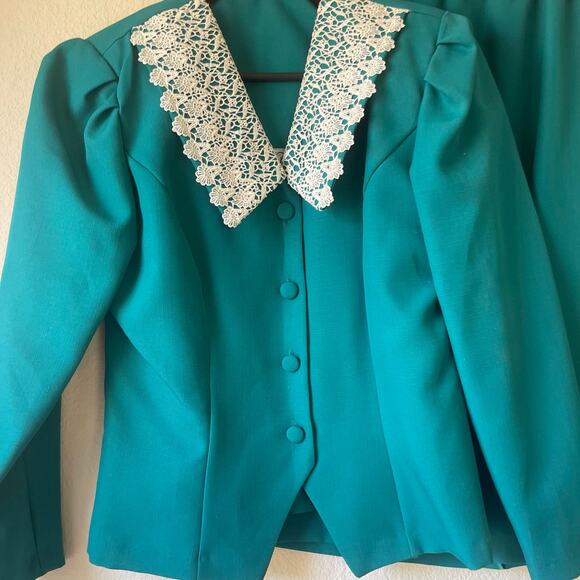 Vintage 80s Teal Two Piece Set Lace Collar Blouse & Skirt Size Medium - Picture 3 of 9
